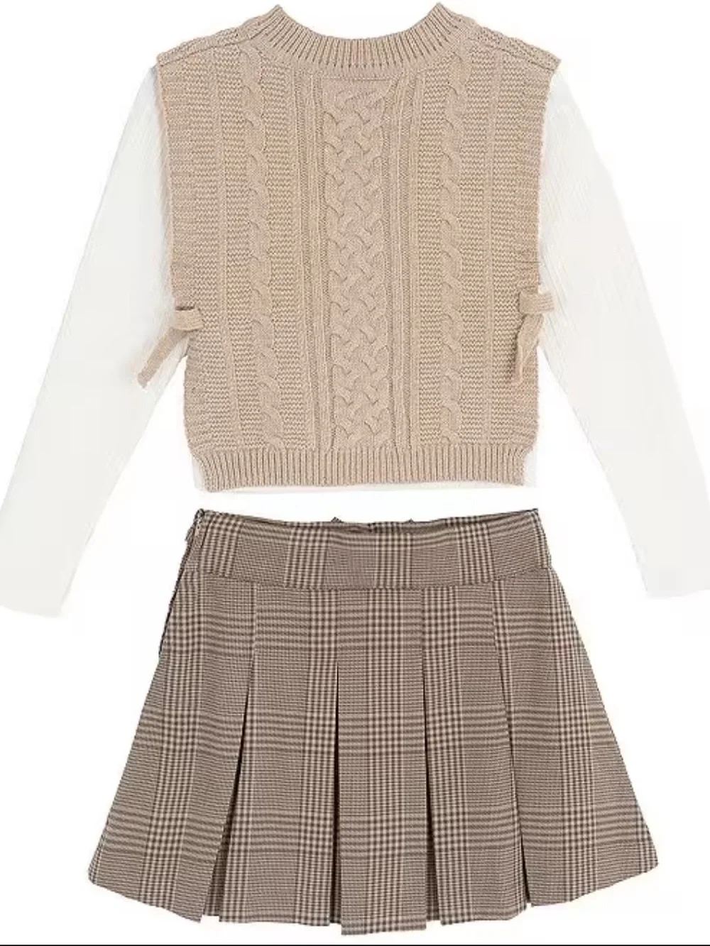 2 Set Girls Cable Knit Vest w/ Knit Long Sleeve T-Shirt & Plaid Pleated Skort 7
